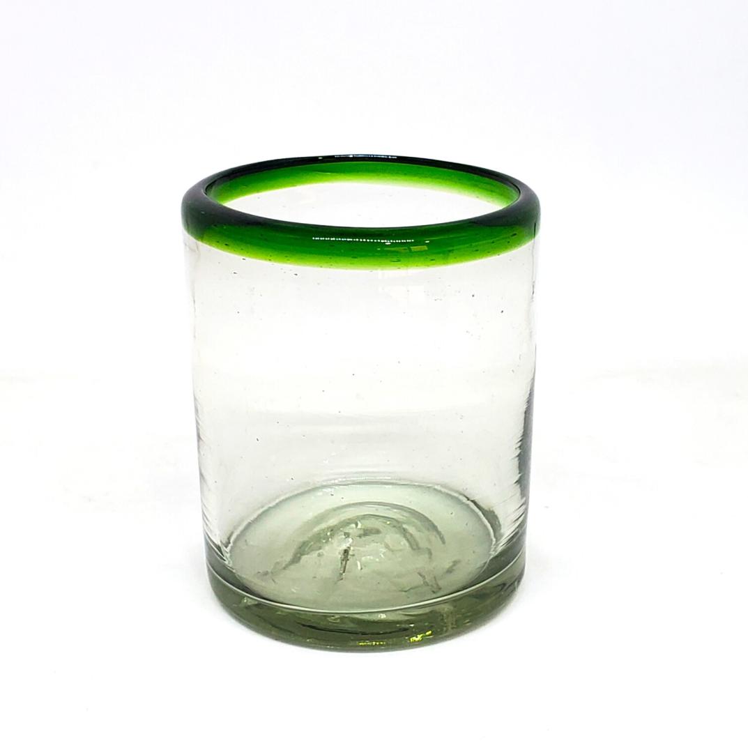 VIDRIO SOPLADO / Juego de 6 vasos chicos con borde verde esmeralda / ste festivo juego de vasos es ideal para tomar leche con galletas o beber limonada en un da caluroso.